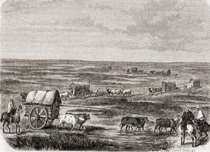 Tren de vagones en las Pampas argentinas en la década de 1860, grabado por Alfred Louis Sargent (n.1828)